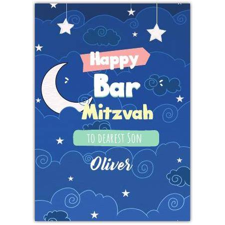Happy Bar Mitzvah Card for Son Blue Moon and Stars Night Sky Design