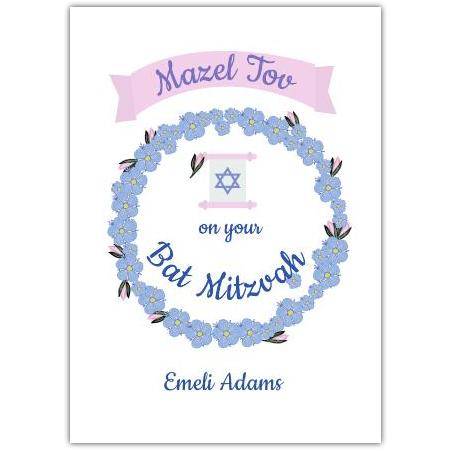 Personalised Bat Mitzvah Greeting Card with Blue Floral Wreath and Mazel Tov Banner
