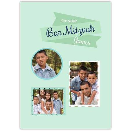 Personalised Bar Mitzvah Greeting Card Photo Upload Blue Green Design