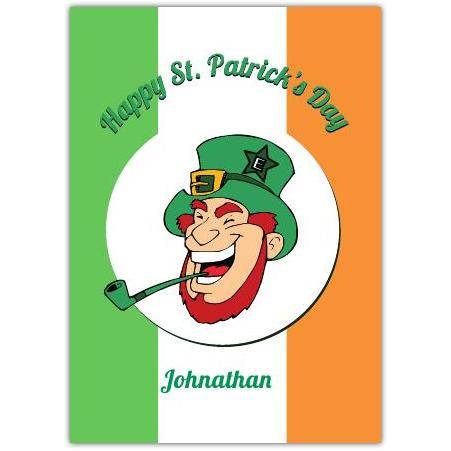 Personalised St Patrick's Day Leprechaun Pipe Irish Flag Greeting Card
