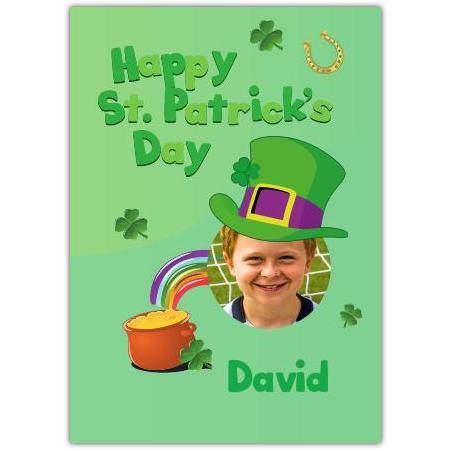 Personalised St Patrick's Day Photo Card with Pot of Gold and Leprechaun Hat Design