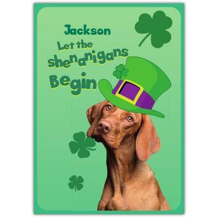 Personalised St Patricks Day Card with Dog in Leprechaun Hat Shamrocks Design