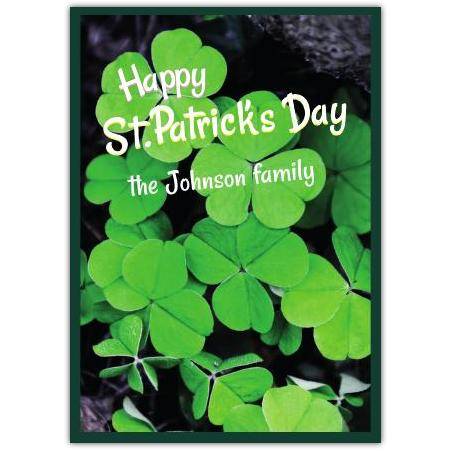 Personalised St. Patrick's Day Shamrocks Greeting Card with Family Name on Front