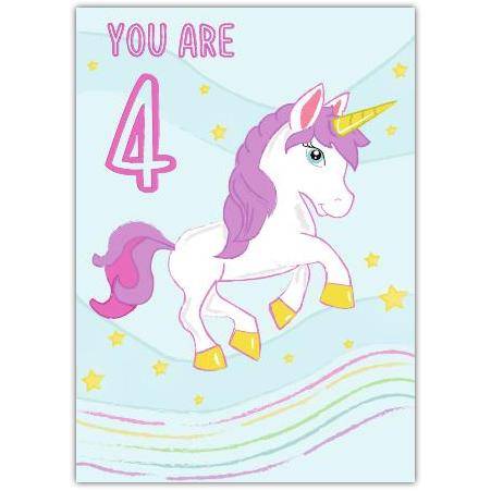 4th Birthday Unicorn Card for Children with Colourful Stars and Rainbow Design