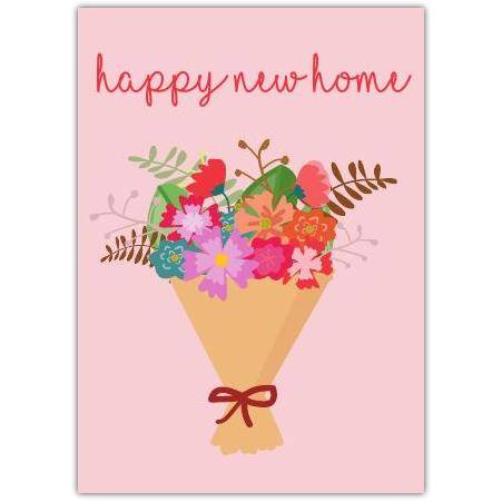 Happy New Home Card with Colourful Bouquet Illustration on Pink Background