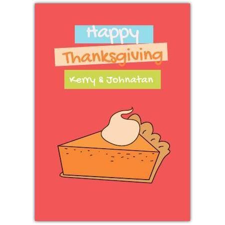 Personalised Happy Thanksgiving Card with Pumpkin Pie Illustration on Red Background