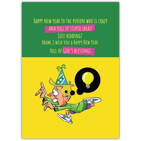 Funny Happy New Year Card with Goofy Boy and Lightbulb Illustration for Him