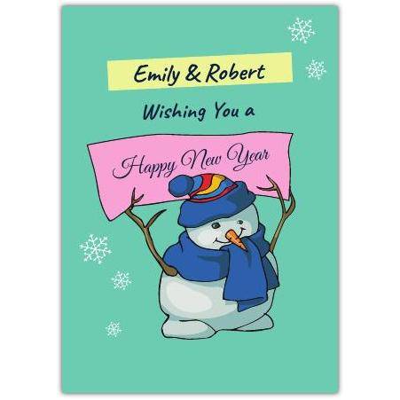 Personalised Happy New Year Snowman Greeting Card with Custom Names on Cover