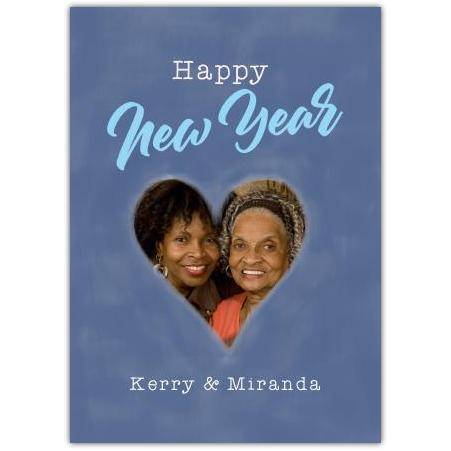 Personalised Blue Heart Photo Happy New Year Greeting Card
