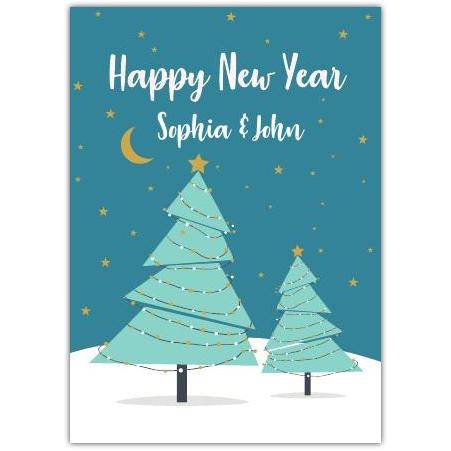 Personalised Happy New Year Twin Pines Greeting Card with Stars and Moon Design