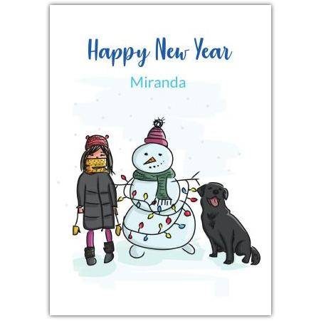 Personalised Happy New Year Card with Girl Dog and Snowman Design