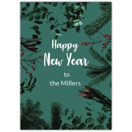 Personalised Happy New Year Card with Greenery and Festive Foliage Design