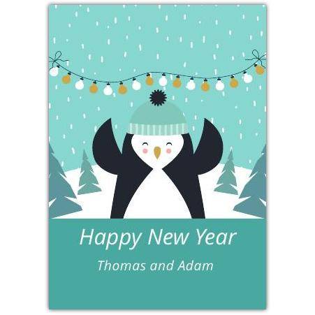Personalised Happy New Year Greeting Card with Cute Penguin and Winter Scene