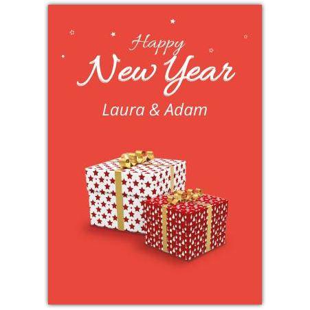Personalised Happy New Year Card with Festive Gift Boxes on Red Background
