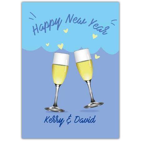 Personalised Happy New Year Champagne Glasses Greeting Card with Hearts Design