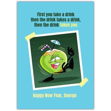 Funny Personalised New Year Boozy Drinking Card with Humorous Cocktail Illustration