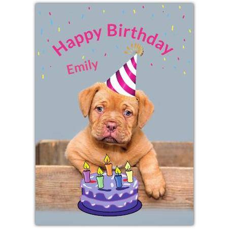 Personalised Puppy Birthday Card with Cake and Party Hat for Girls