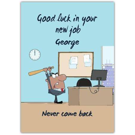 Funny New Job Good Luck Card with Destroying Office Cartoon and Personalised Text