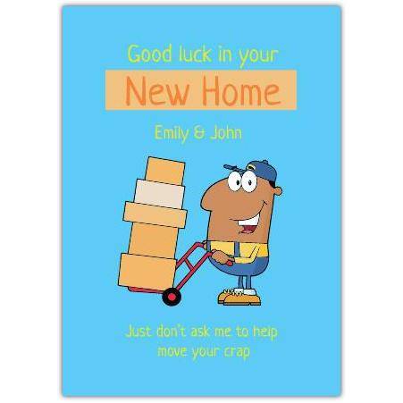 Funny New Home Good Luck Card Personalised Moving Boxes Man Illustration