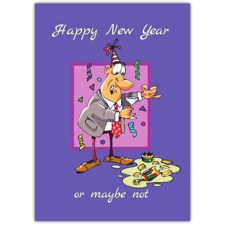 Funny Happy New Year Card with Cartoon Man and Champagne Celebration Design