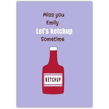 Personalised Miss You Card with Funny Ketchup Pun on Purple Background