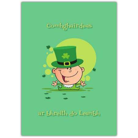 Funny Irish Birthday Card with Leprechaun Character and Gaelic Greeting in Green