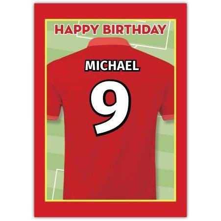Personalised Red Football Shirt Birthday Card with Number and Name Customisation