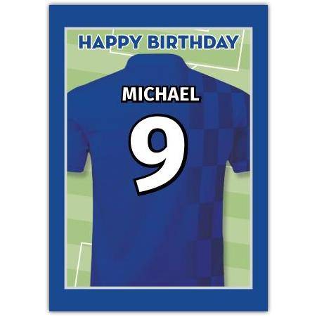 Personalised Football Shirt Birthday Card with Name and Number on Blue Pitch Background