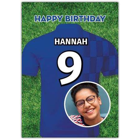 Personalised Blue Football Jersey Photo Upload Birthday Card for Kids