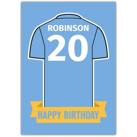 Personalised Light Blue Football Jersey Birthday Card with Name and Number