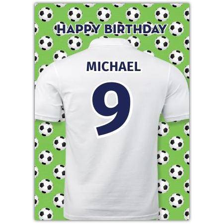 Personalised Football Jersey Happy Birthday Card with Soccer Ball Design