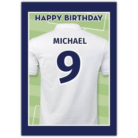 Personalised Football Jersey Happy Birthday Card with Name and Number on Pitch Design