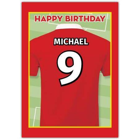 Personalised Football Birthday Card Red Jersey with Name and Number on Pitch Background