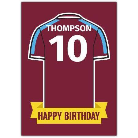 Personalised Football Shirt Birthday Card with Name and Number in Claret and Blue