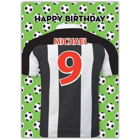 Personalised Black and White Football Jersey Birthday Card with Name and Number