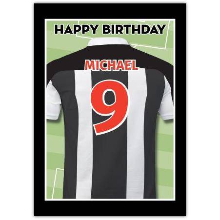 Personalised Happy Birthday Football Shirt Card Black and White Striped Jersey Design