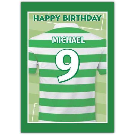 Personalised Green Striped Football Shirt Birthday Card with Custom Name and Number