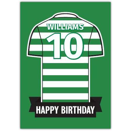 Personalised Green and White Football Jersey Happy Birthday Card with Name and Number