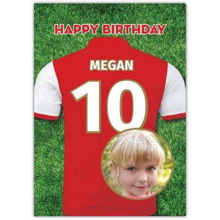 Personalised Happy Birthday Football Shirt Red and White Photo Card on Grass Background
