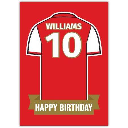 Personalised Red and White Football Jersey Happy Birthday Card with Name and Number