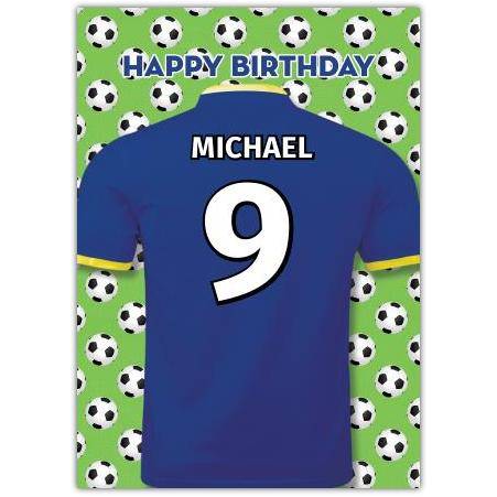 Personalised Boys Football Shirt Happy Birthday Card with Soccer Ball Design