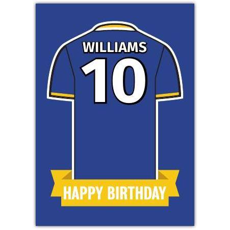 Personalised Blue Football Jersey Happy Birthday Card with Custom Name and Number
