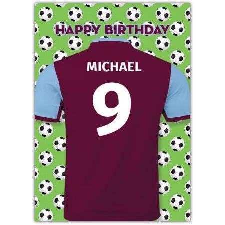 Personalised Football Jersey Birthday Card with Purple Blue Design and Soccer Balls