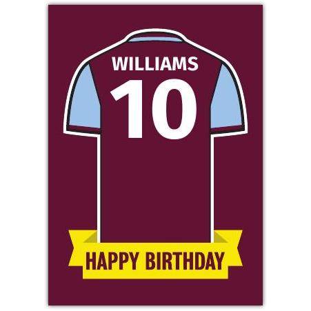 Personalised Football Shirt Birthday Card in Claret and Blue Colors