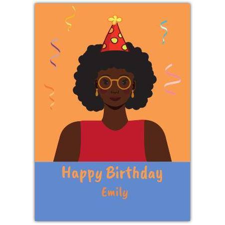 Personalised Happy Birthday Card with Afro Woman Wearing Party Hat and Confetti Design