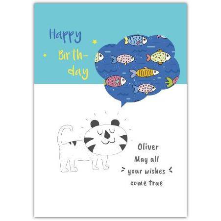 Personalised Happy Birthday Card with Cute Cartoon Tiger and Colourful Fish Design