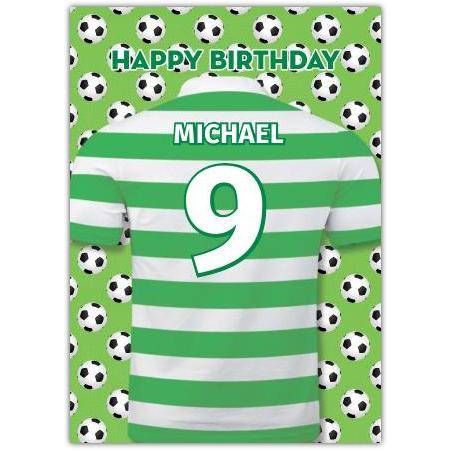 Personalised Football Themed Birthday Card for Kids with Name and Age on Green Stripe Jersey