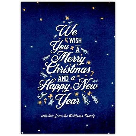 Personalised Merry Christmas and Happy New Year Greeting Card in Blue Xmas Tree Design