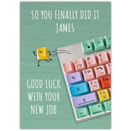 Personalised Good Luck New Job Card with Colourful Keyboard Design for James