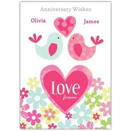 Personalised Anniversary Card with Love Birds and Floral Design for Couples